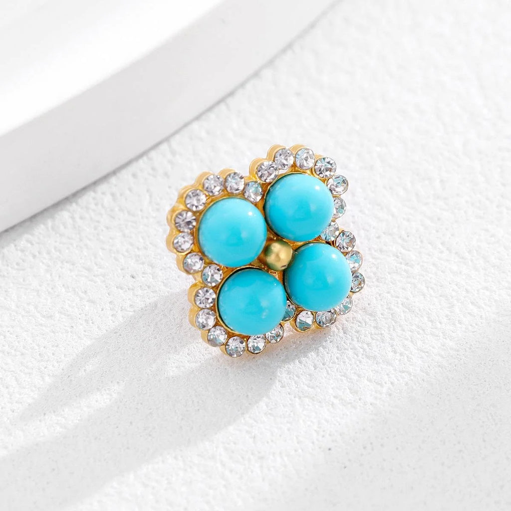 Elegant Faux Turquoise Four Leaf Clover Brooch With Rhinestone Trim, Lucky Lapel Pin Suit Accessory Gift