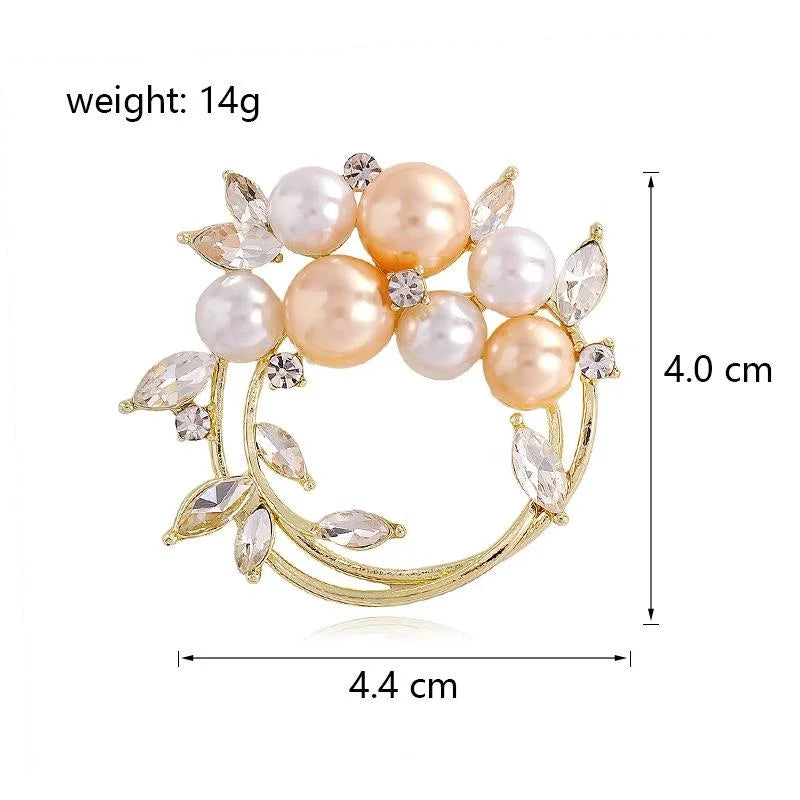 Elegant Pearl Rhinestone Floral Wreath Brooch For Women, Gold Alloy Lapel Pin Corsage Shawl Suit Accessory Gift