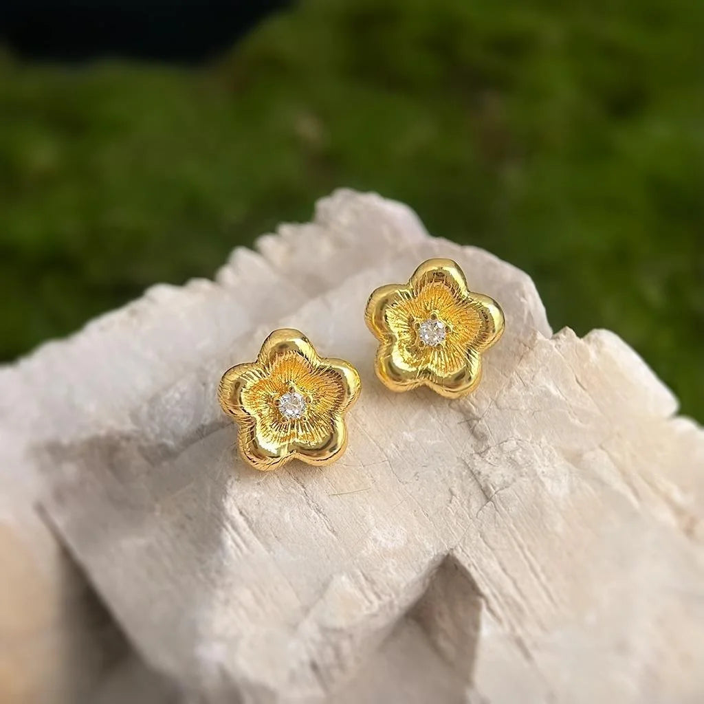 Vintage Brushed 14K Gold Plated Copper Flower Zircon Stud Earrings