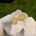 Vintage Brushed 14K Gold Plated Copper Flower Zircon Stud Earrings