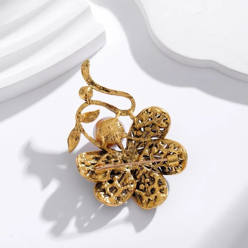 Vintage Antique Gold Flower Brooch With Brown Rhinestones And Pearl, Elegant Floral Lapel Pin Suit Accessory