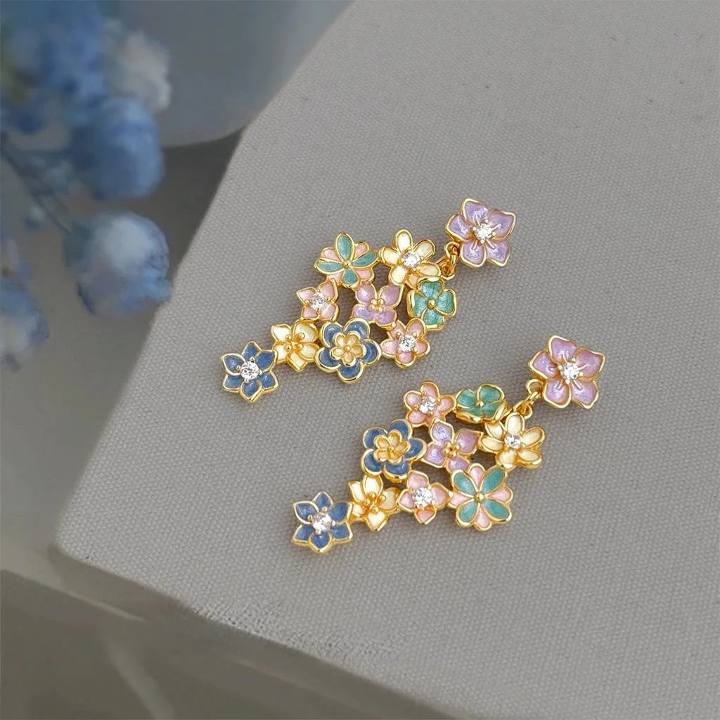 Copper Zircon Painted Enamel Flower Tassel Drop Earrings, Elegant Resort Style