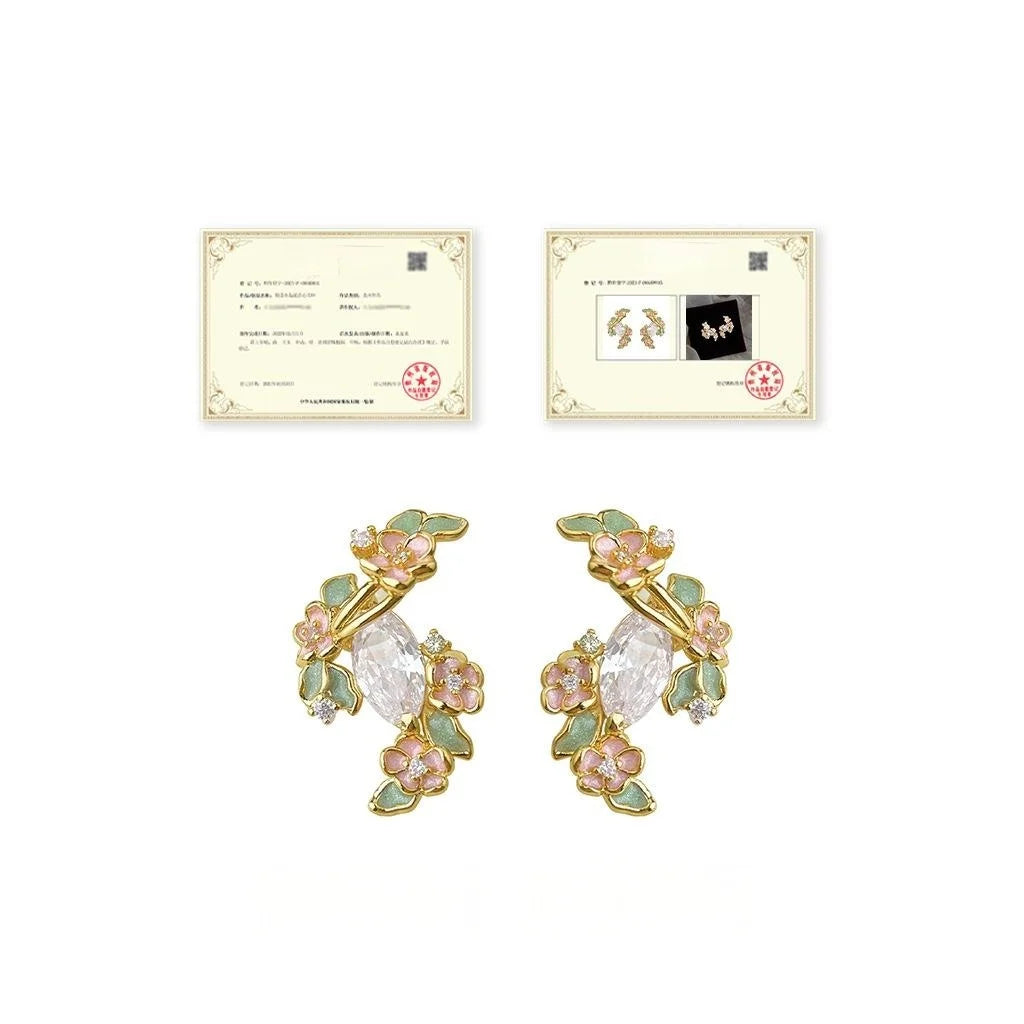Original Floral Copper Zircon Stud Earrings Sweet Elegant Niche Designer Jewelry
