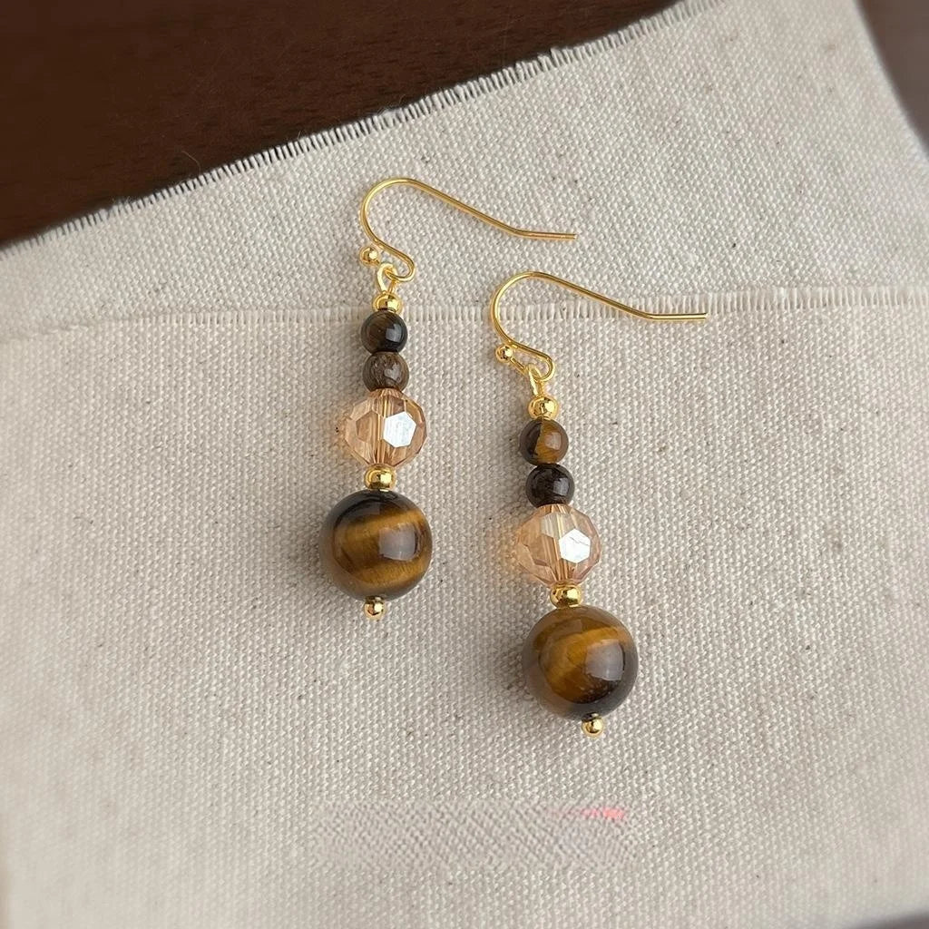 Handmade Chinese Style Tiger Eye Glass Crystal Round Geometric Tassel Drop Earrings