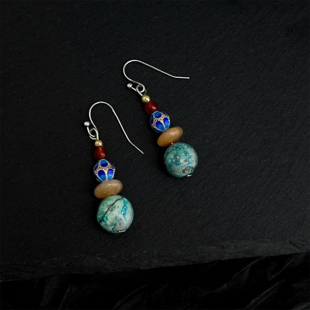 Vintage Ethnic Handmade Enamel Drop Earrings With Red Agate Hubei Turquoise And Chalcedony