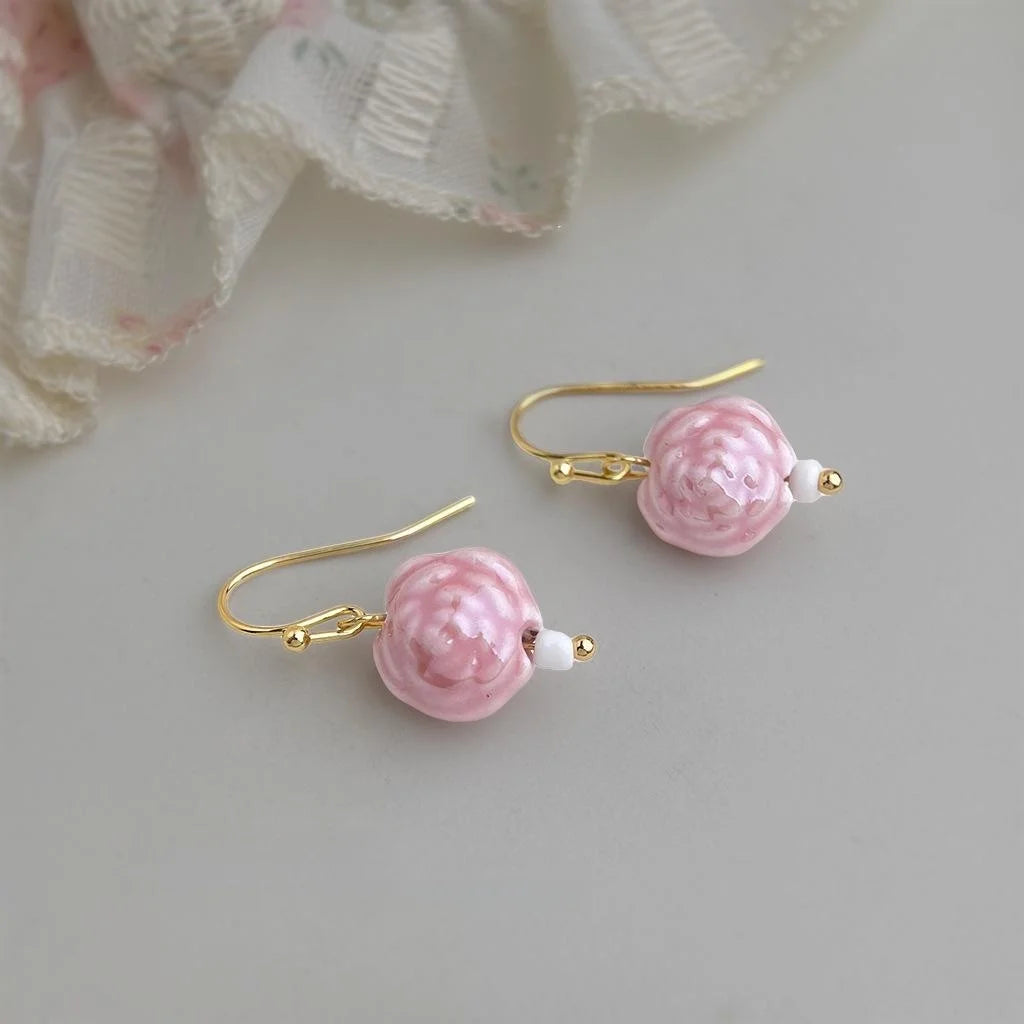Handmade Ceramic Rose Flower Drop Earrings Minimalist Elegant Floral Jewelry
