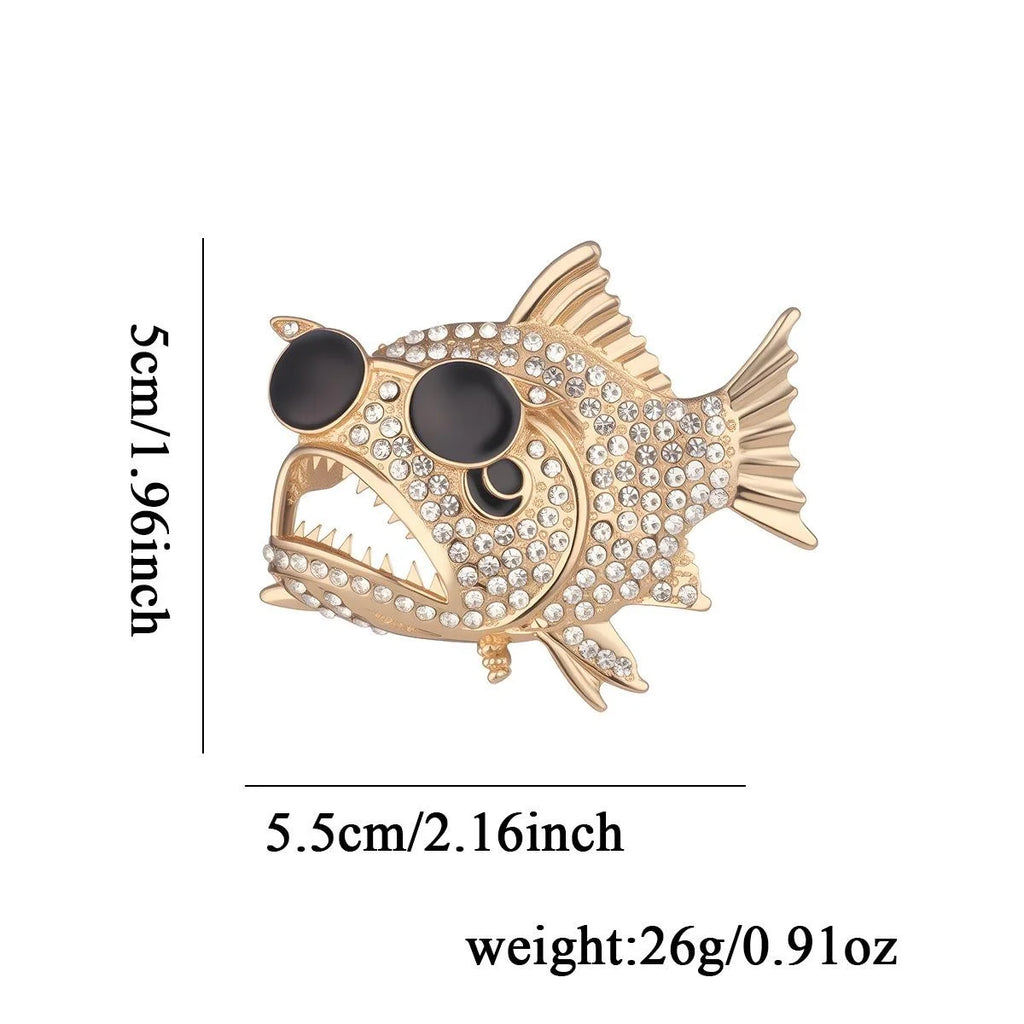 Luxury Rhinestone Piranha Fish Brooch In Gold Alloy With Black Enamel Eyes, Ocean Lapel Pin Gift