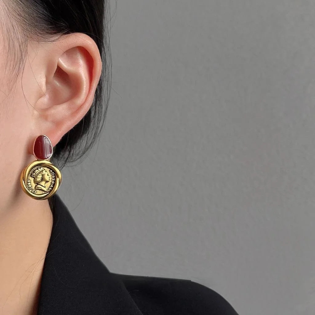French Vintage Palace Style 14K Plated Antique Gold Coin Copper Stud Earrings