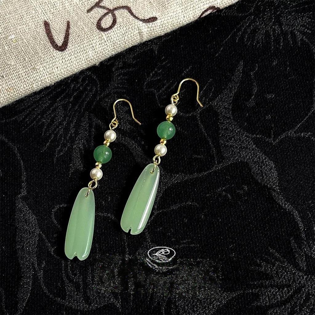 Handmade New Chinese Palace Style Green Agate Glass Crystal Floral Geometric Drop Earrings