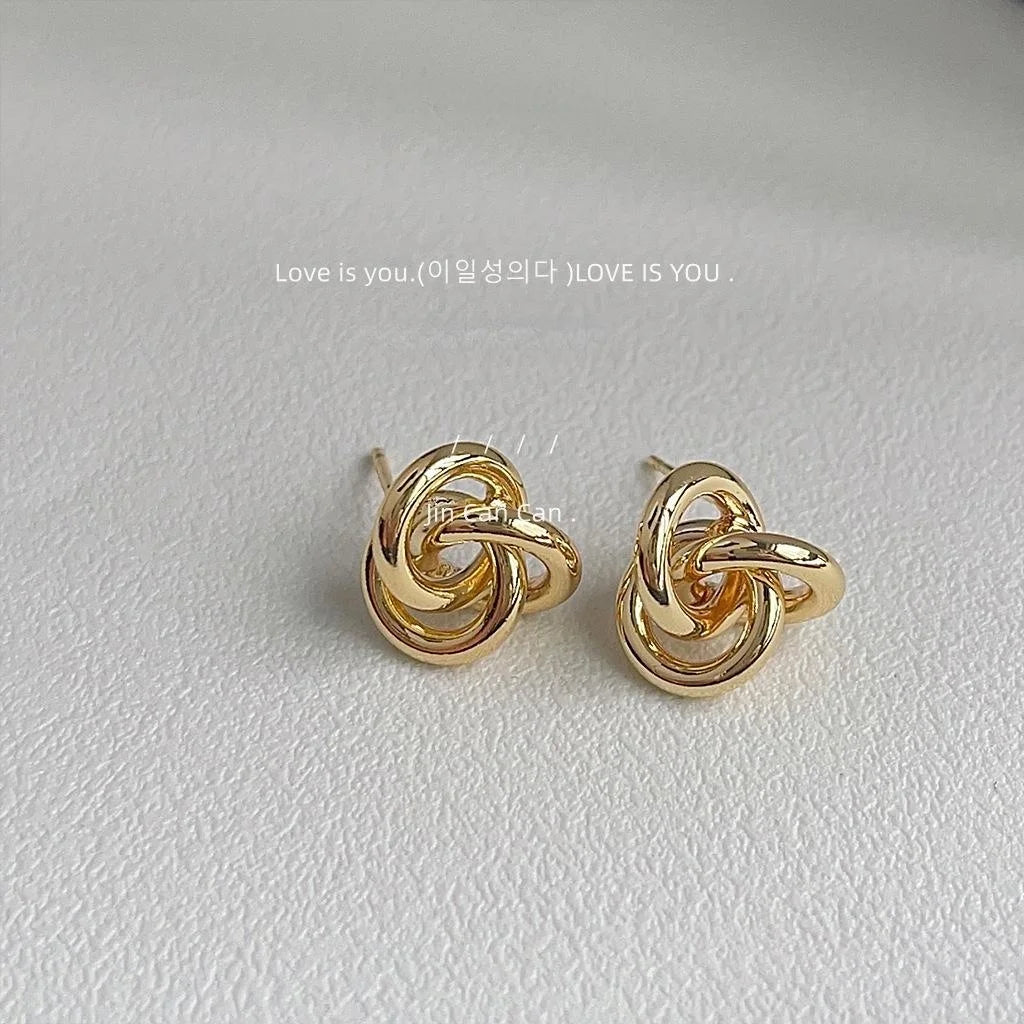 14K Gold Plated Copper Mobius Knot Geometric Stud Earrings, Irregular Luxury Fashion Jewelry