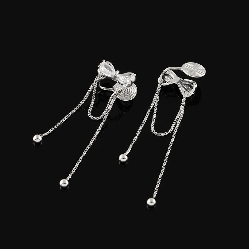Elegant Silver Alloy Zircon Bowknot Long Chain Tassel Stud & Clip On No Piercing Women's Earrings