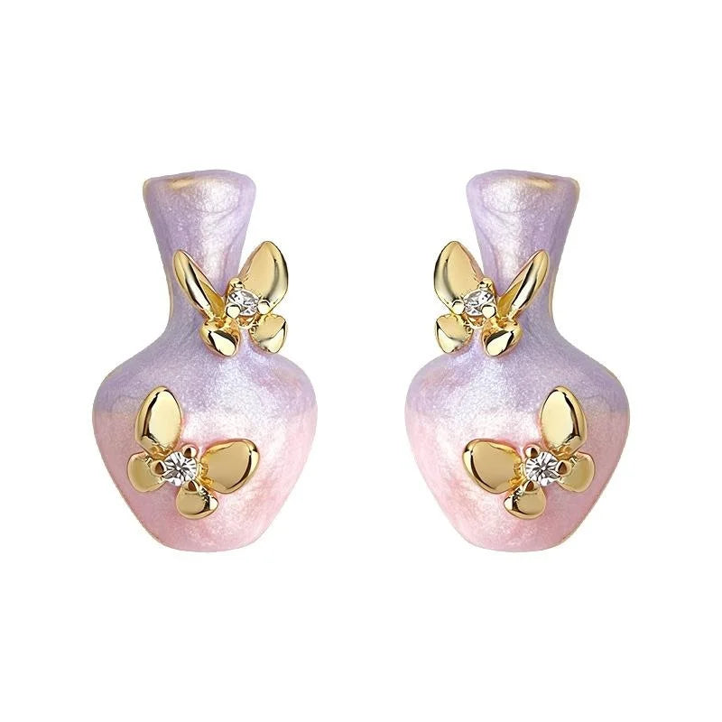 Hand Painted Drip Enamel Floral Vase Butterfly Copper Stud Earrings With Zircon