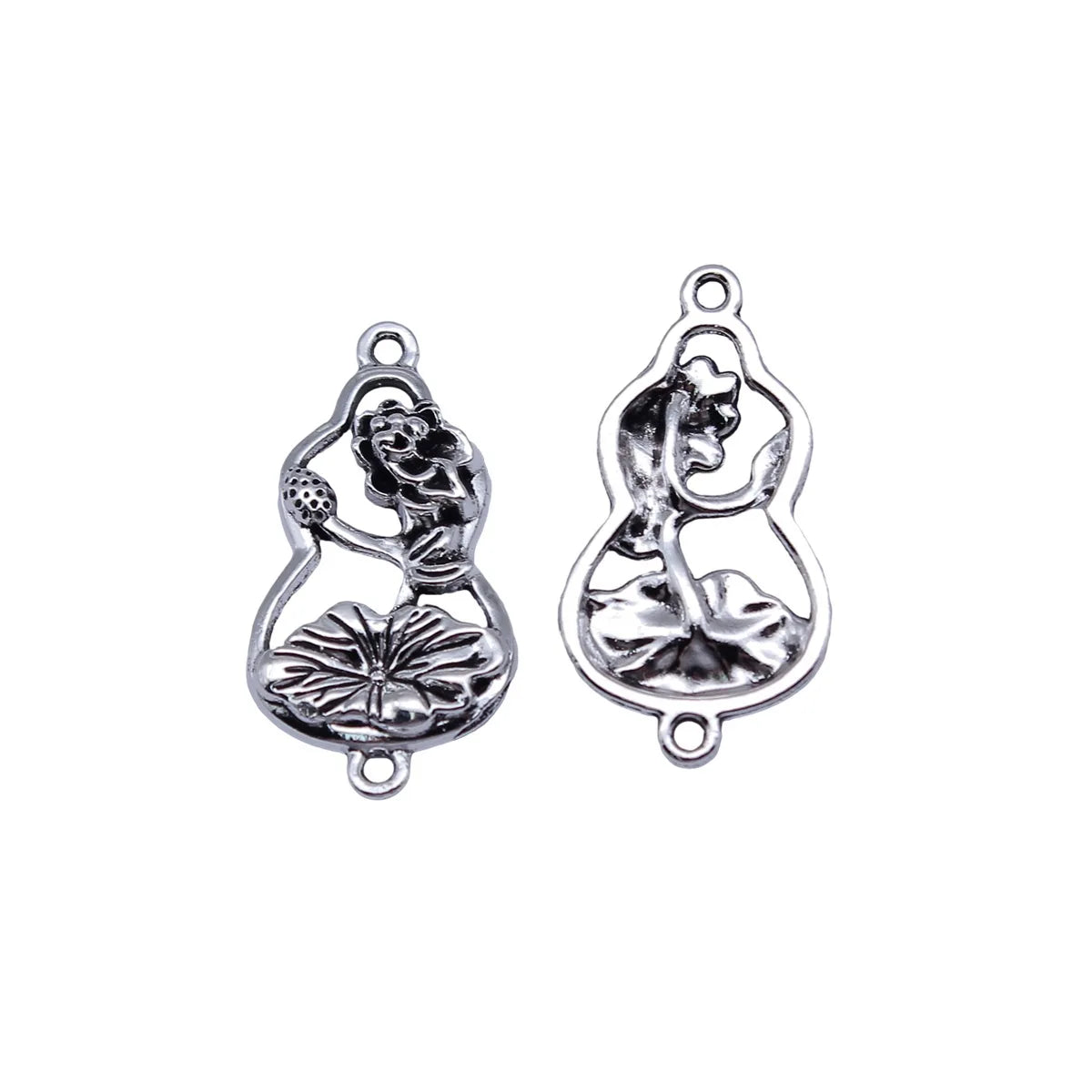 26x14mm 1.34g Antique Silver Zinc Alloy Lotus Leaf Gourd Connector Charm for Chinese Style Jewelry