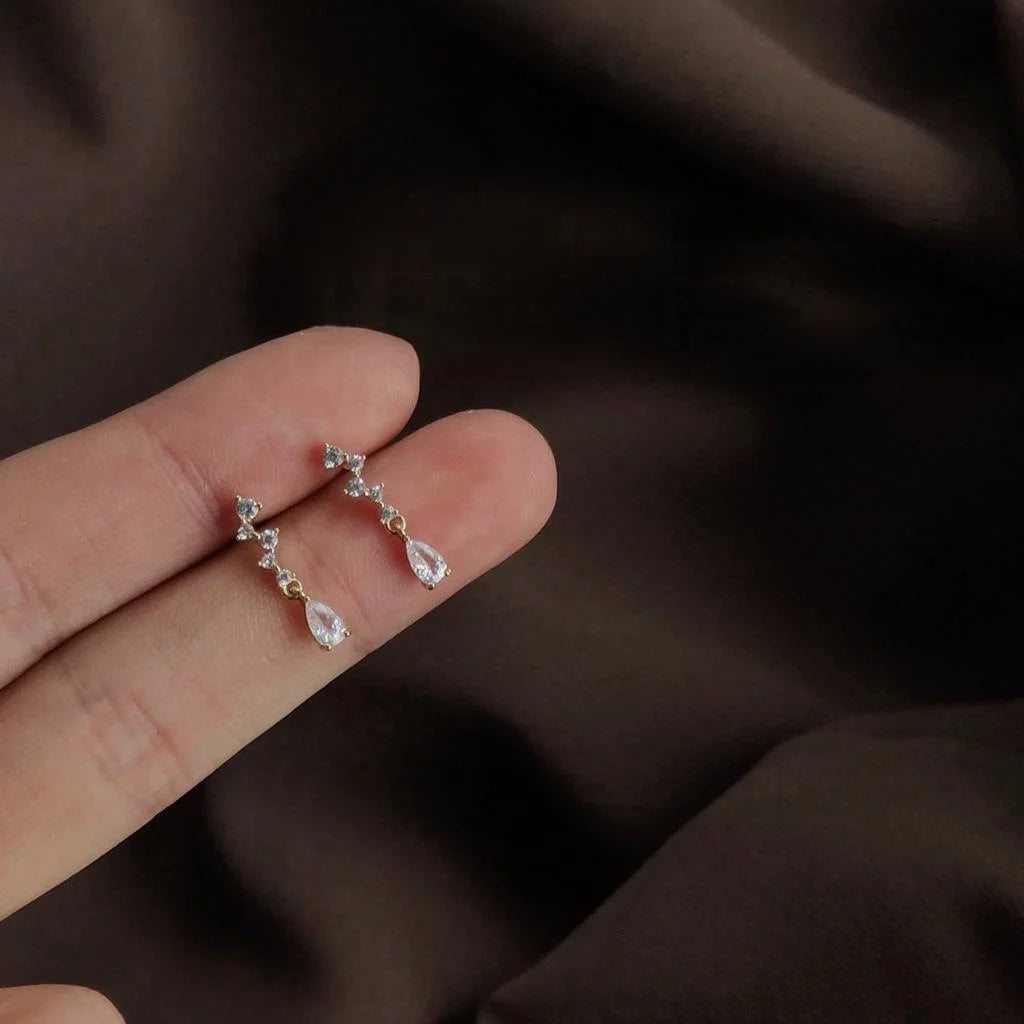 14K Plated Copper Waterdrop Zircon Stud Earrings For Women Simple French Style Jewelry