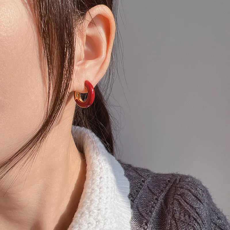 Vintage Red Enamel Gold Alloy Chunky Hoop Stud & Clip On No Piercing New Year Statement Earrings