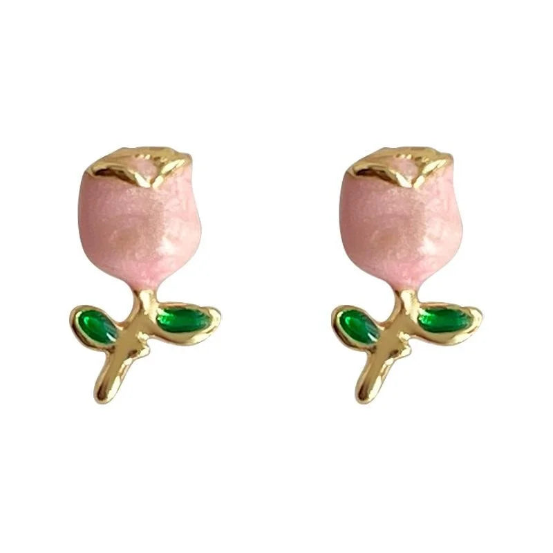 Sweet Pink Tulip Enamel Copper Stud Earrings Cute Minimalist Floral Jewelry for Women