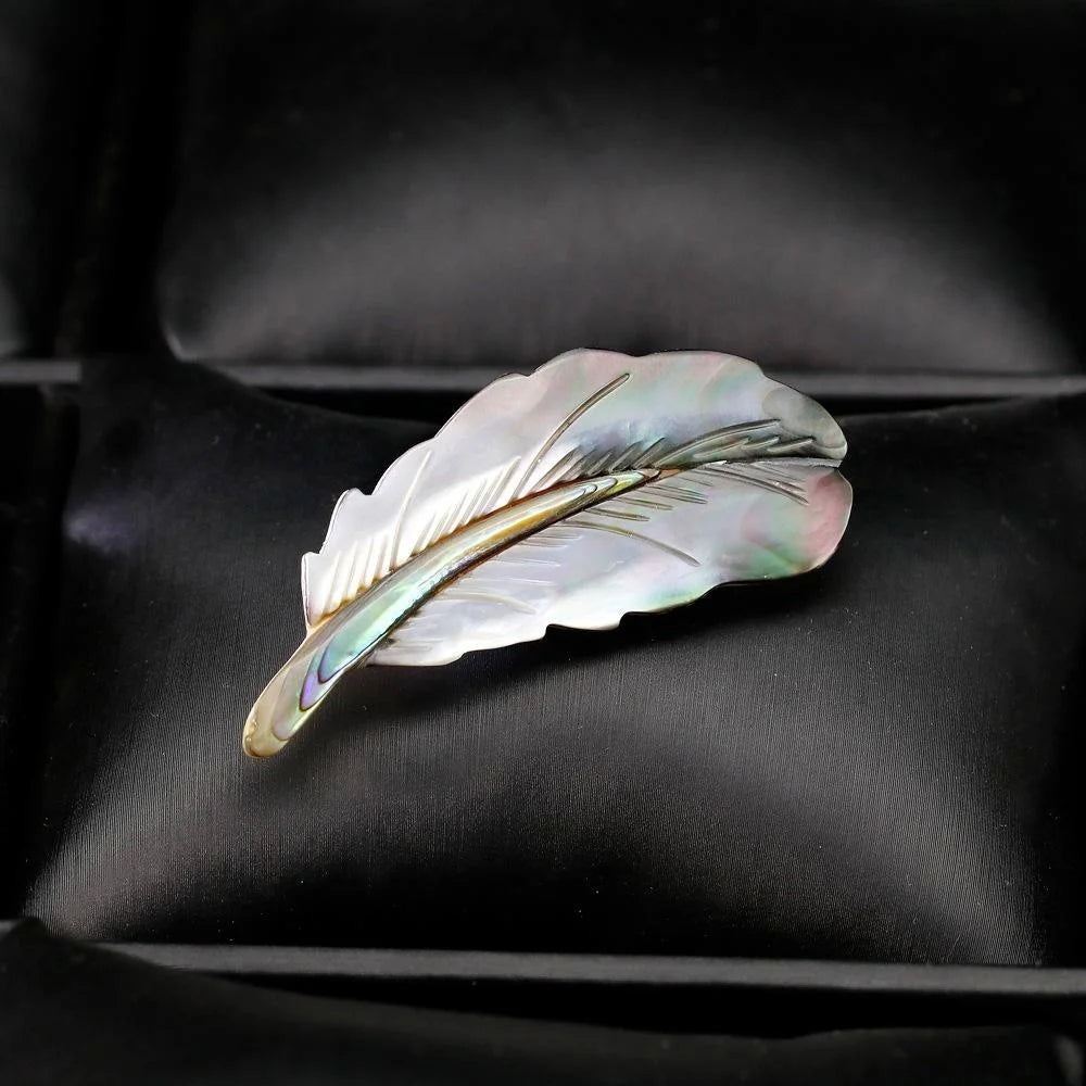 Elegant Abalone Mother Of Pearl Feather Brooch For Women, Alloy Lapel Pin Corsage Suit Accessory Gift