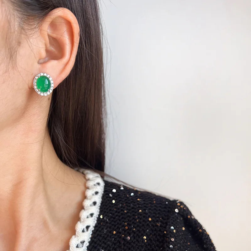 Elegant Oval Green Agate Rhinestone Halo Stud & Clip On No Piercing Vintage Chinese Style Earrings