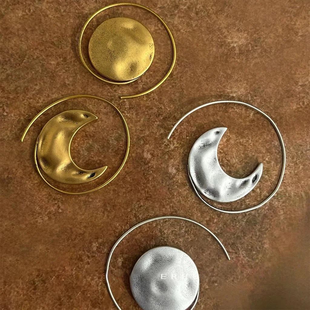 Minimalist Copper Geometric Moon Drop Earrings Matte Frosted Vintage Abstract Planet Jewelry