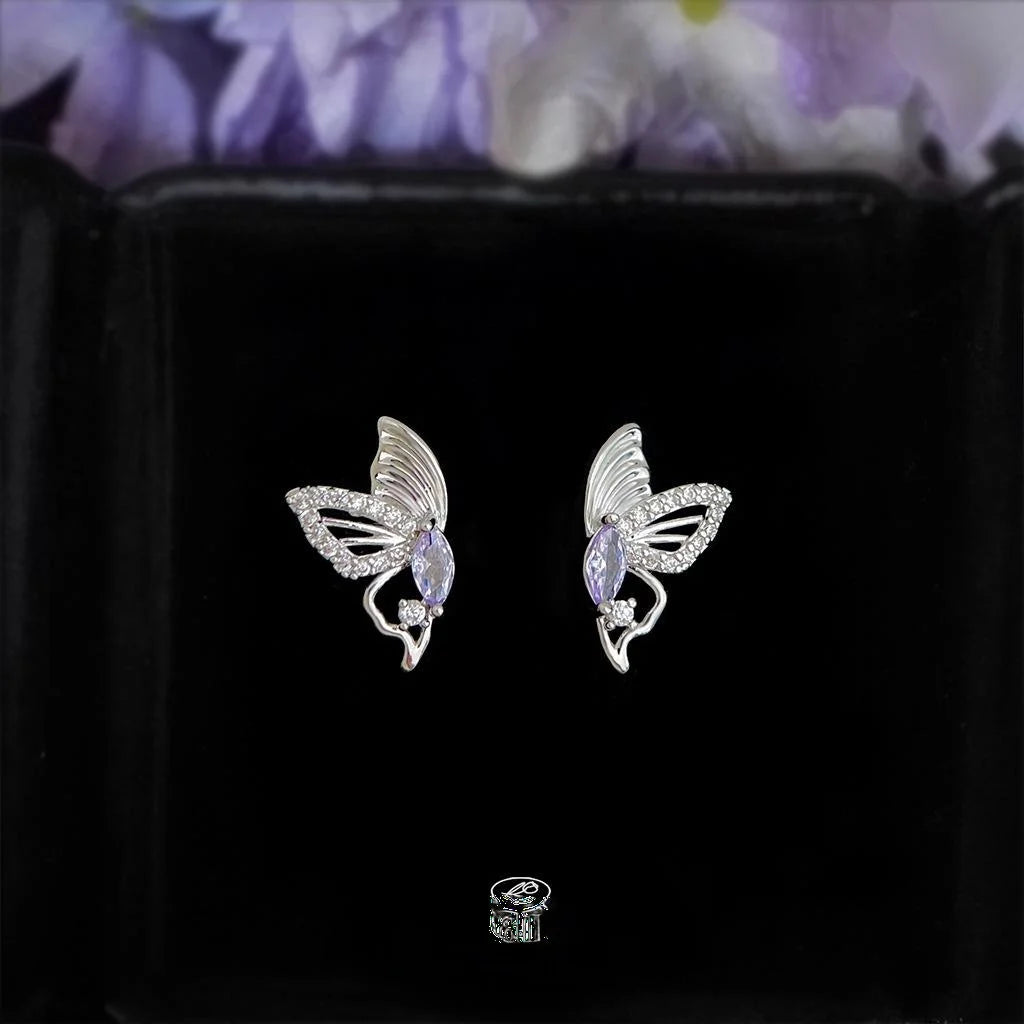 Purple Butterfly Micro Pave Zircon Copper Stud Earrings Elegant Minimalist Style