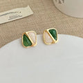 French Vintage Two-Tone Green Geometric Square Copper Stud Earrings For Women