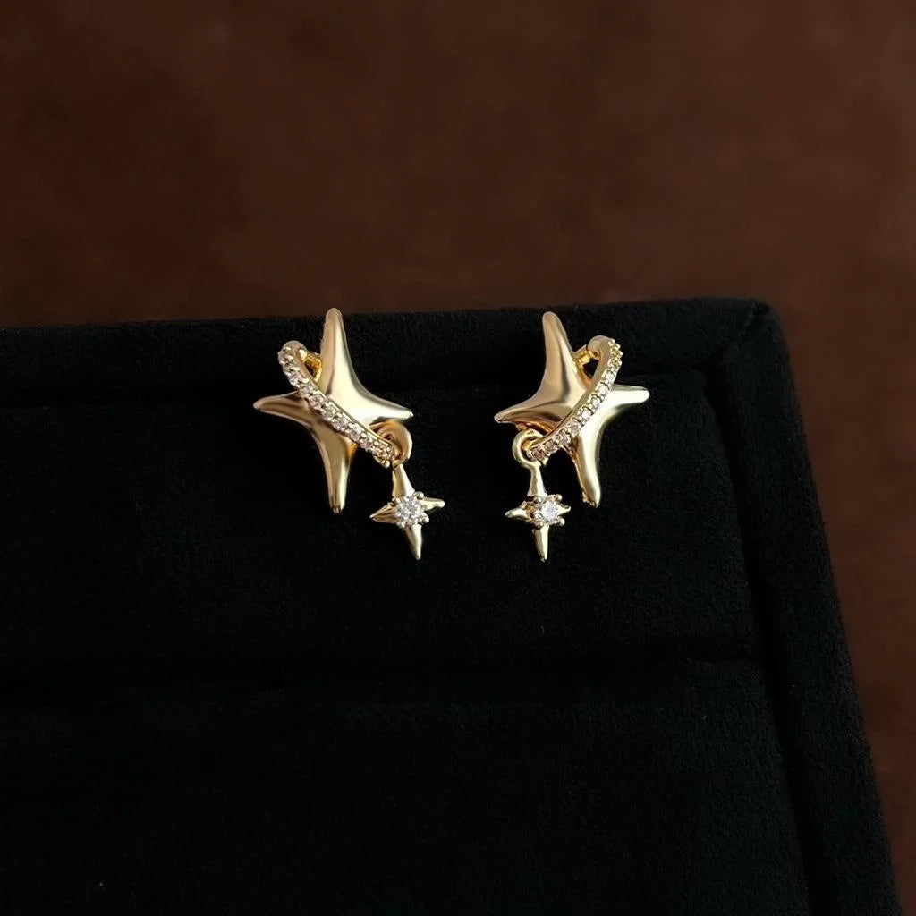 Original Starburst Zircon Copper Stud Earrings 14K Plated Light Luxury Jewelry