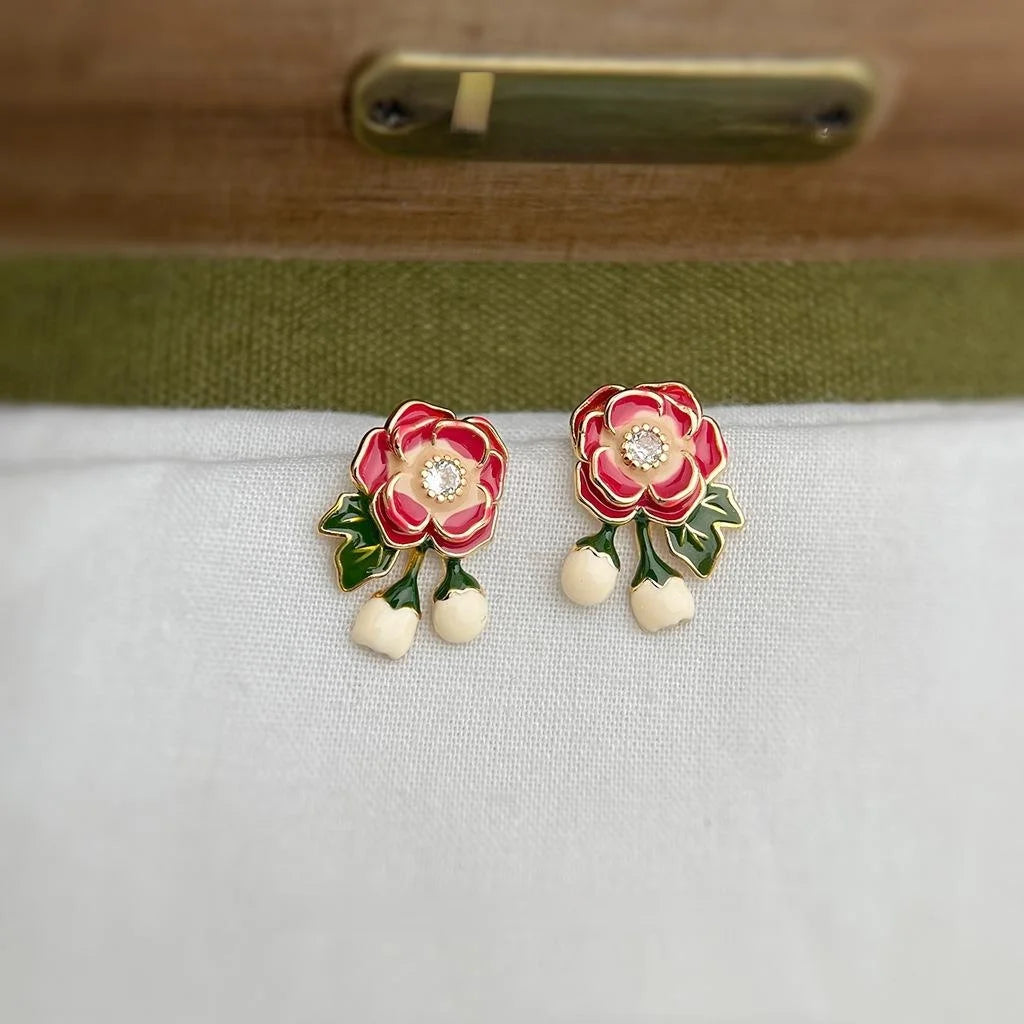 Sweet Floral Enamel Copper Stud Earrings And 14K Plated Finish