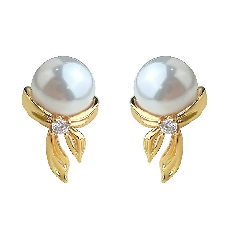 Original Designer Bow Stud Earrings With Copper, Lustrous Pearl And Zircon, Elegant OL Style