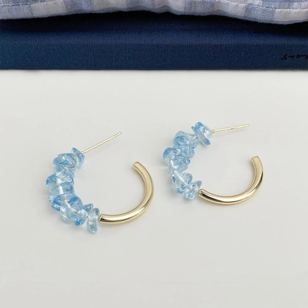 Copper Aquamarine Glass Crystal Geometric Hoop Drop Earrings, Summer Vacation Style