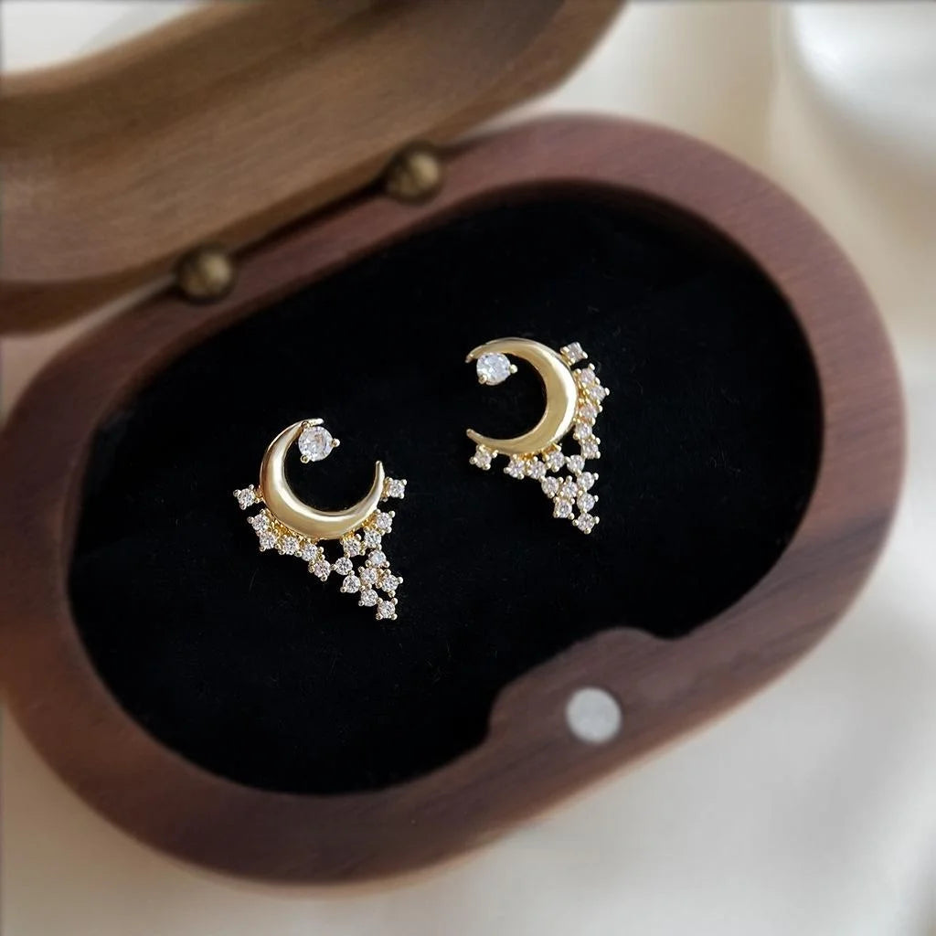14K Plated Copper Moon Star Micro Pave Zircon Stud Earrings For Women