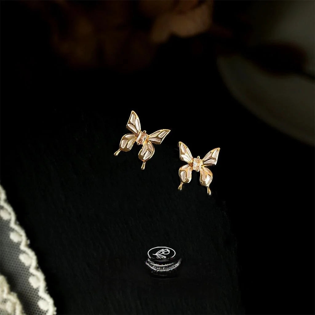 French Light Luxury Butterfly Micro Pave Zircon Copper Stud Earrings