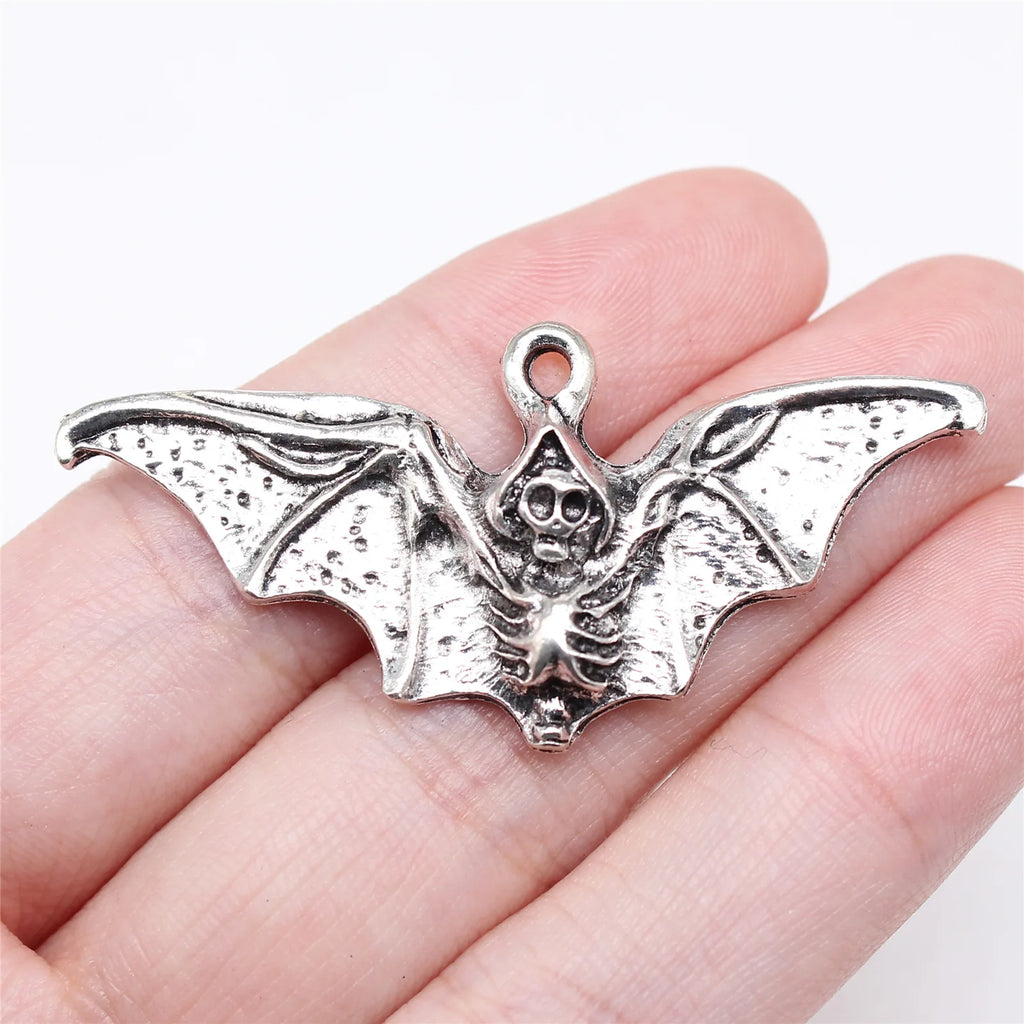 23x50mm 6g Antique Silver Zinc Alloy Halloween Skull Bat Charm Pendant for DIY Jewelry Making