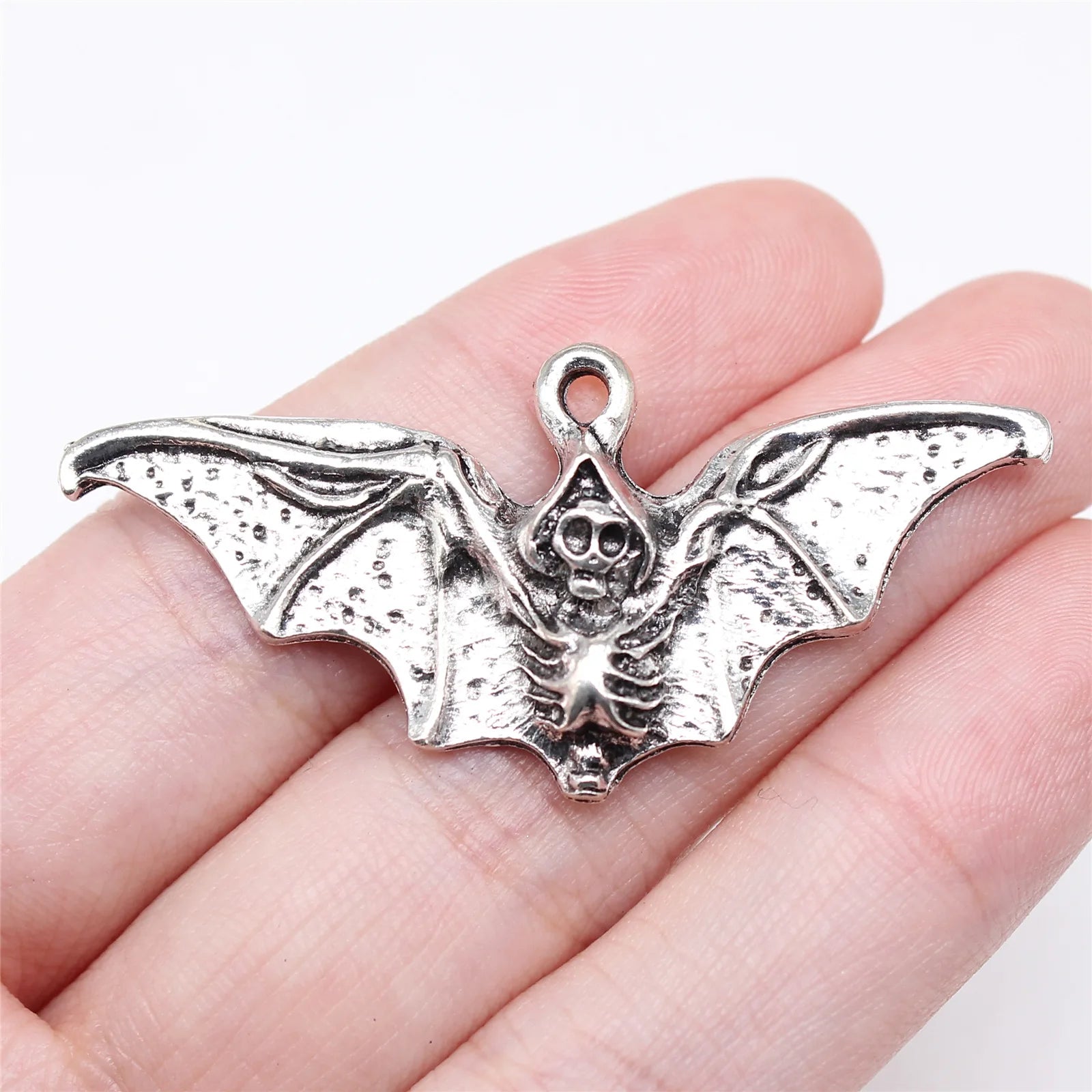 23x50mm 6g Antique Silver Zinc Alloy Halloween Skull Bat Charm Pendant for DIY Jewelry Making