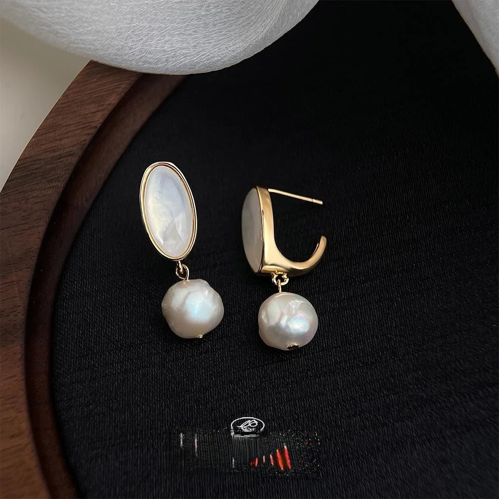 Elegant Baroque Freshwater Pearl Shell Geometric Drop Earrings With Silver Plated