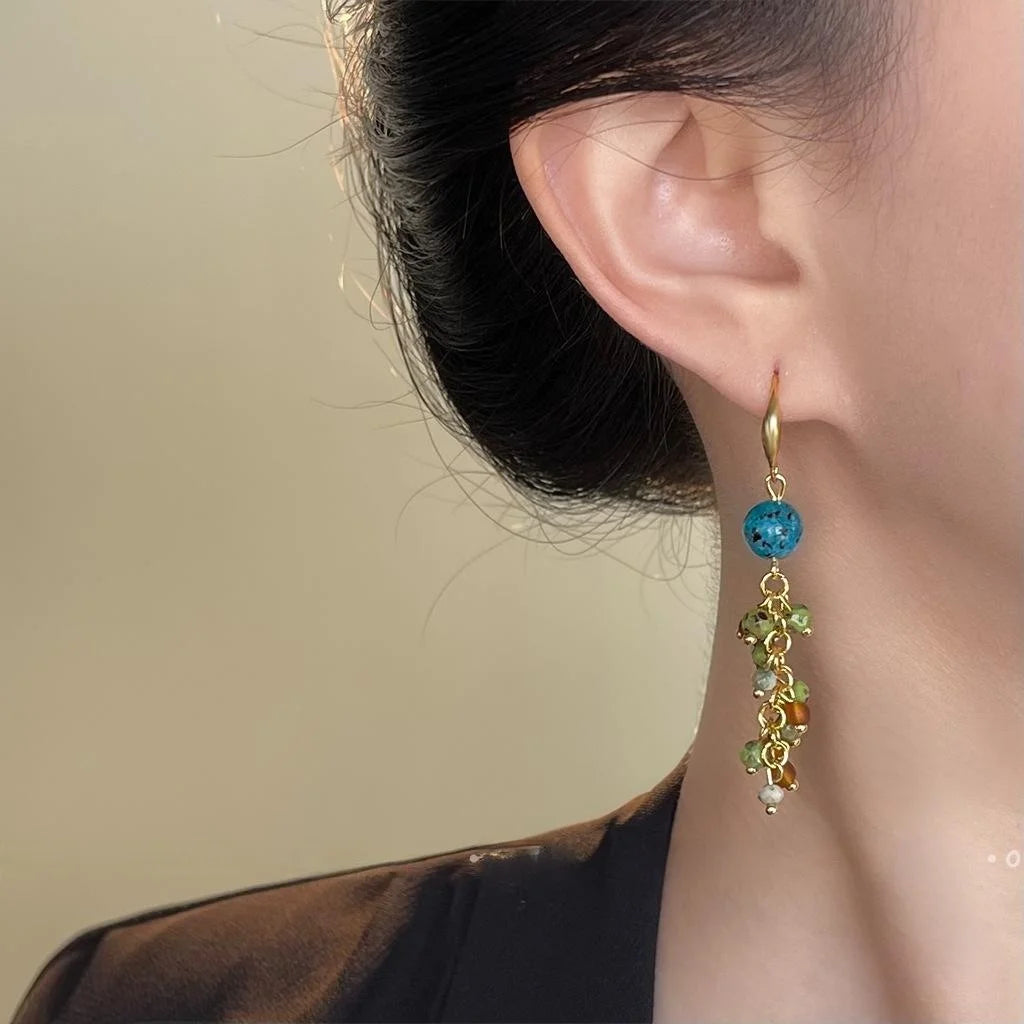 Vintage Ethnic Natural Stone Glass Geometric Tassel Drop Earrings Handmade Designer Jewelry