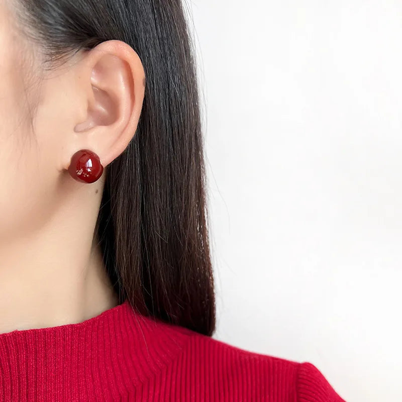 Elegant Vintage Burgundy Enamel Round Ball Alloy Spiral Disc Stud & Clip On No Piercing Earrings