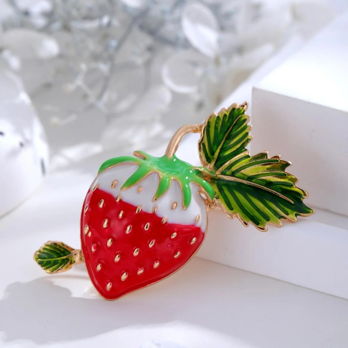 Cute Enamel Strawberry Fruit Brooch With Green Leaves, Gold Tone Alloy Lapel Pin For Cardigan Gift