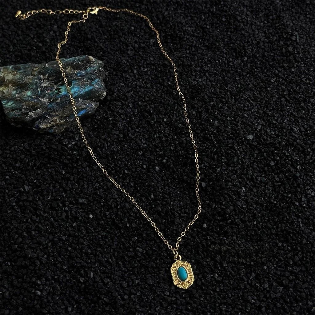 18K Gold Plated Copper Synthetic Turquoise Geometric Vintage Minimalist Collarbone Necklace