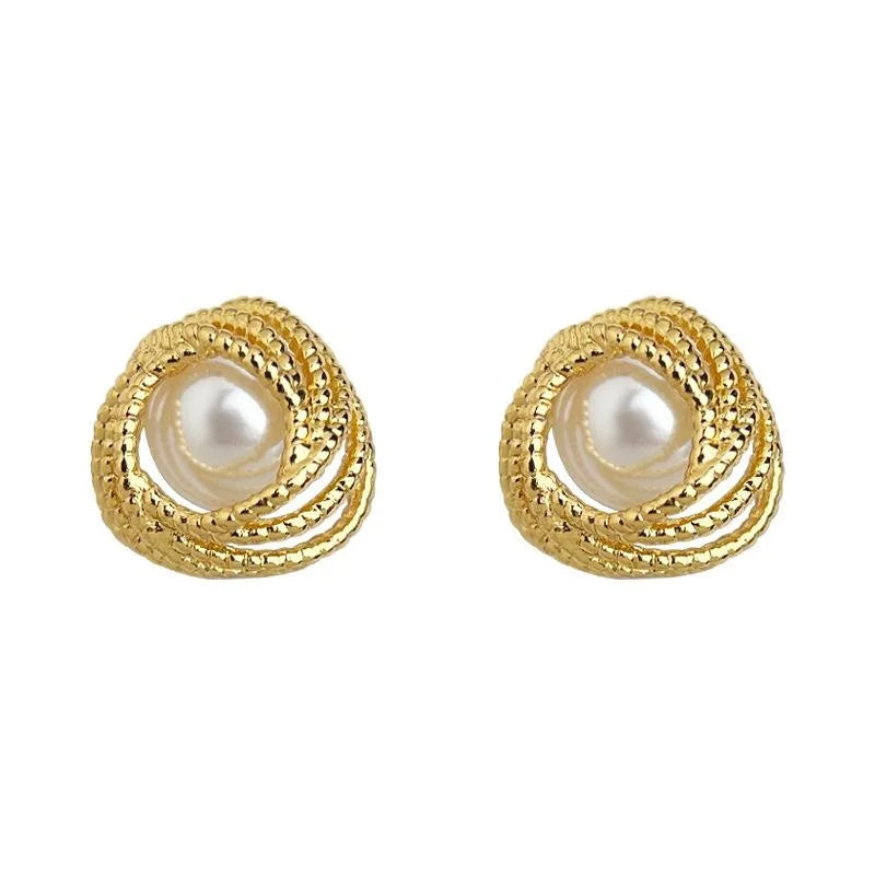 14K Plated Copper Geometric Pearl Stud Earrings For Women Minimalist Round Ring Office Jewelry