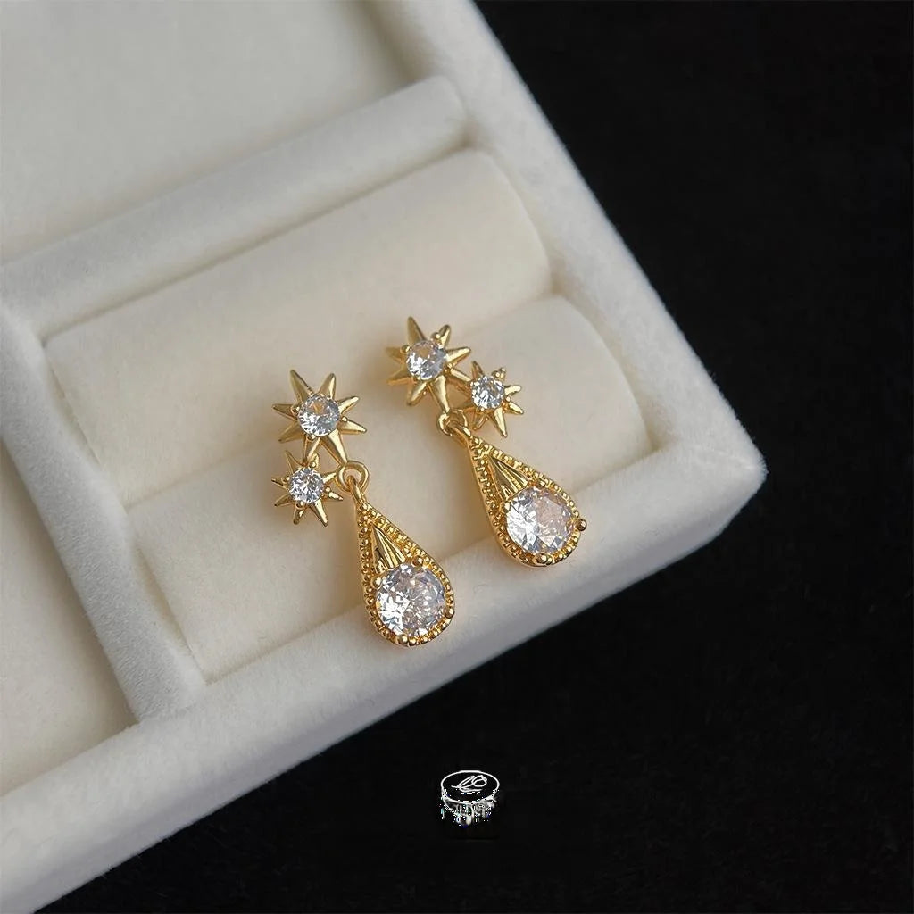 14K Gold Plated Copper Star Teardrop Micro Pave Zircon Drop Earrings