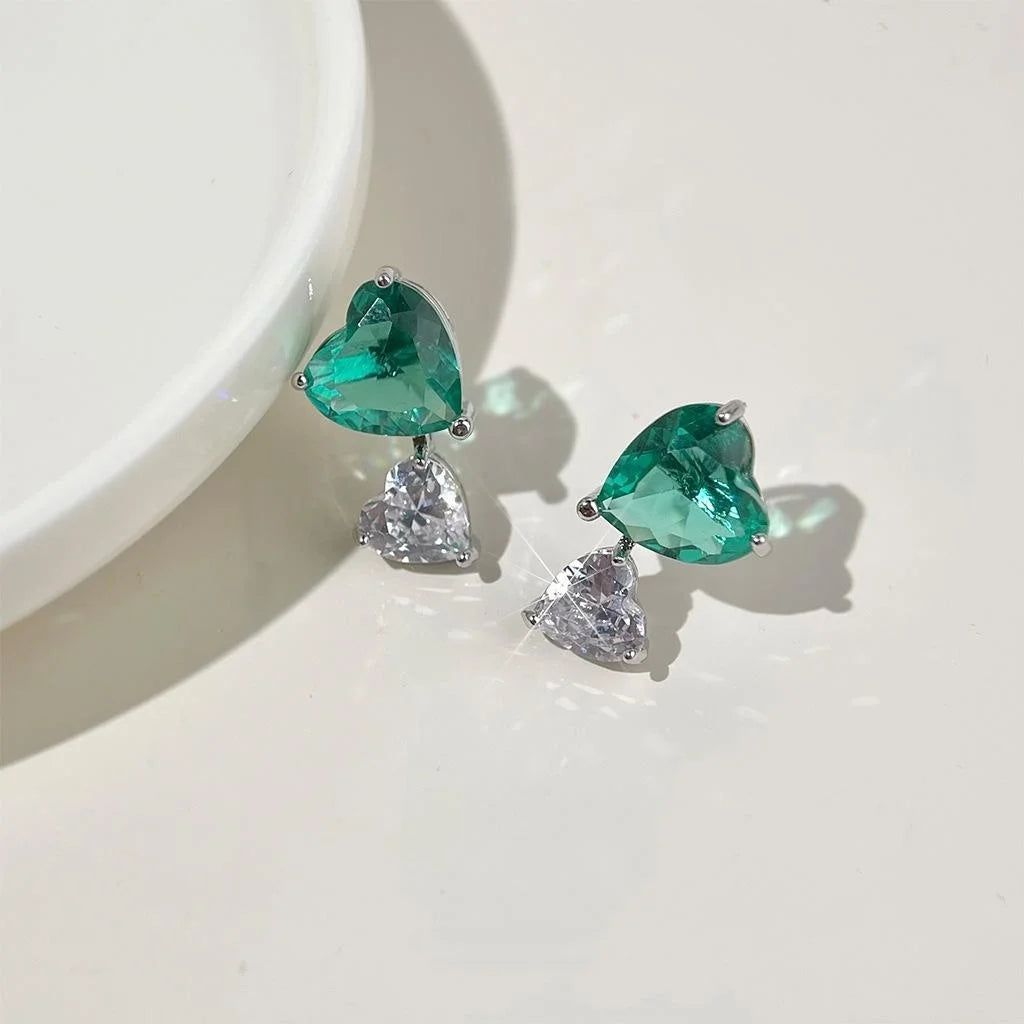 Vintage Green Zircon Heart Stud Earrings, Silver Plated Romantic Fashion Jewelry