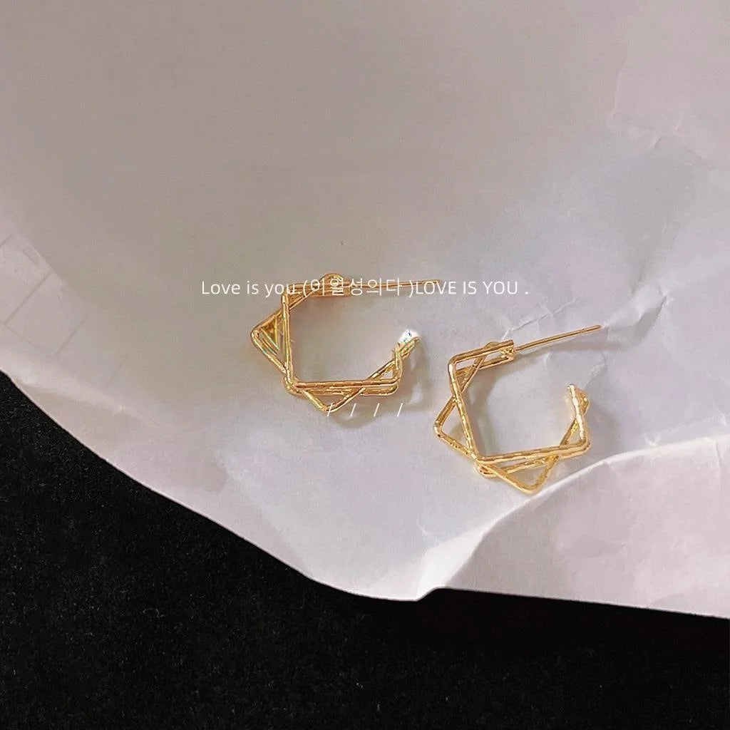 14K Gold Plated Copper Square Geometric Stud Earrings Minimalist Korean Style