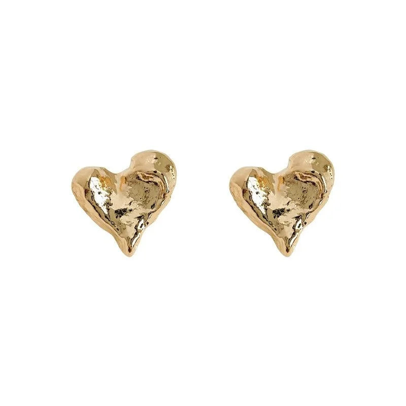 14K Plated Alloy Irregular Heart Stud Earrings Minimalist Matte Textured Jewelry