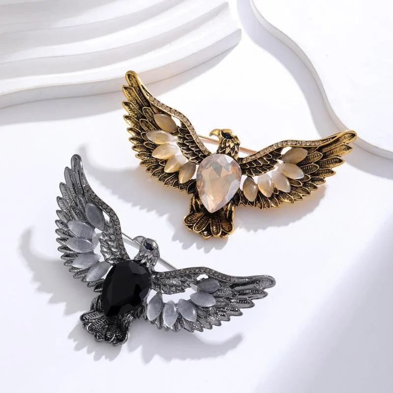 Vintage Eagle Wings Brooch With Rhinestone Mother Of Pearl Inlay, Elegant Alloy Lapel Pin Suit Accessory Gift