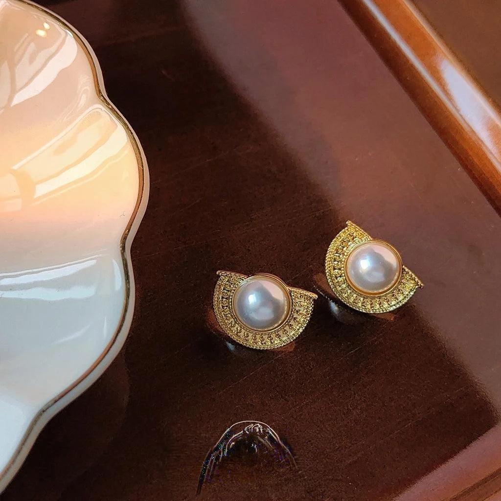 Vintage Palace Style 14K Plated Copper Half Round Geometric Pearl Stud Earrings