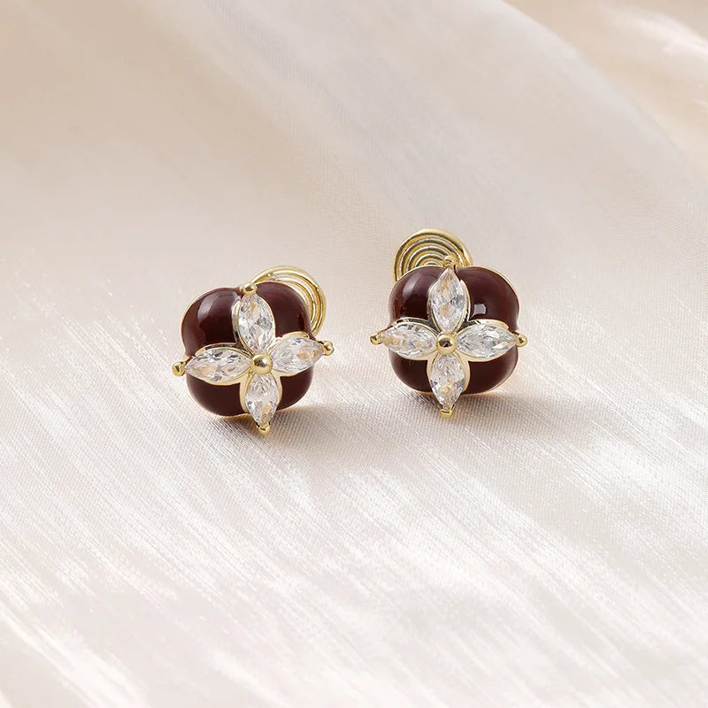 Vintage Red Enamel Flower Zircon Swirl Stud & Clip On No Piercing Luxury Women Earrings