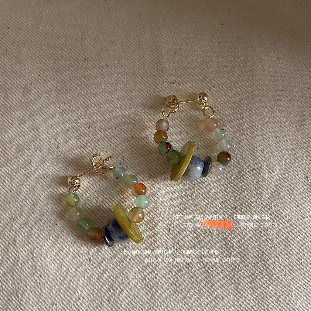 New Chinese Style Agate Stone Geometric Hoop Drop Earrings Silver Plated Handmade Vintage Jewelry