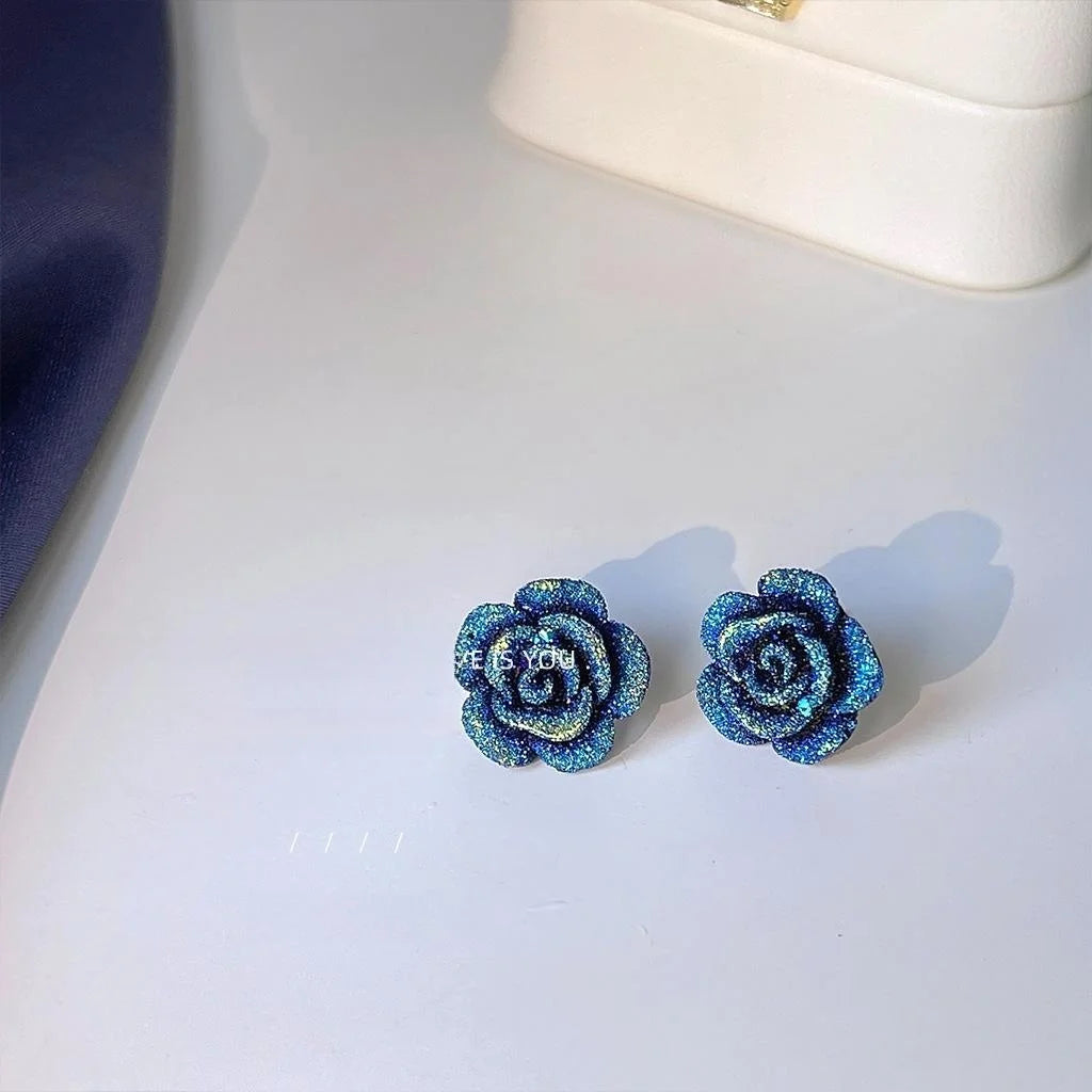 French Vintage Blue Rose Resin Stud Earrings, Frosted Glitter Floral Jewelry