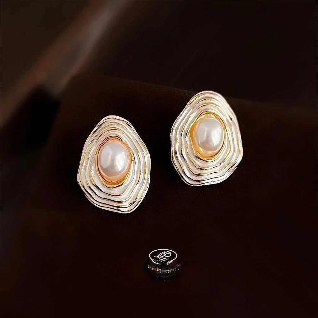 French Vintage 14K Plated Irregular Geometric High Gloss Pearl Drop Earrings