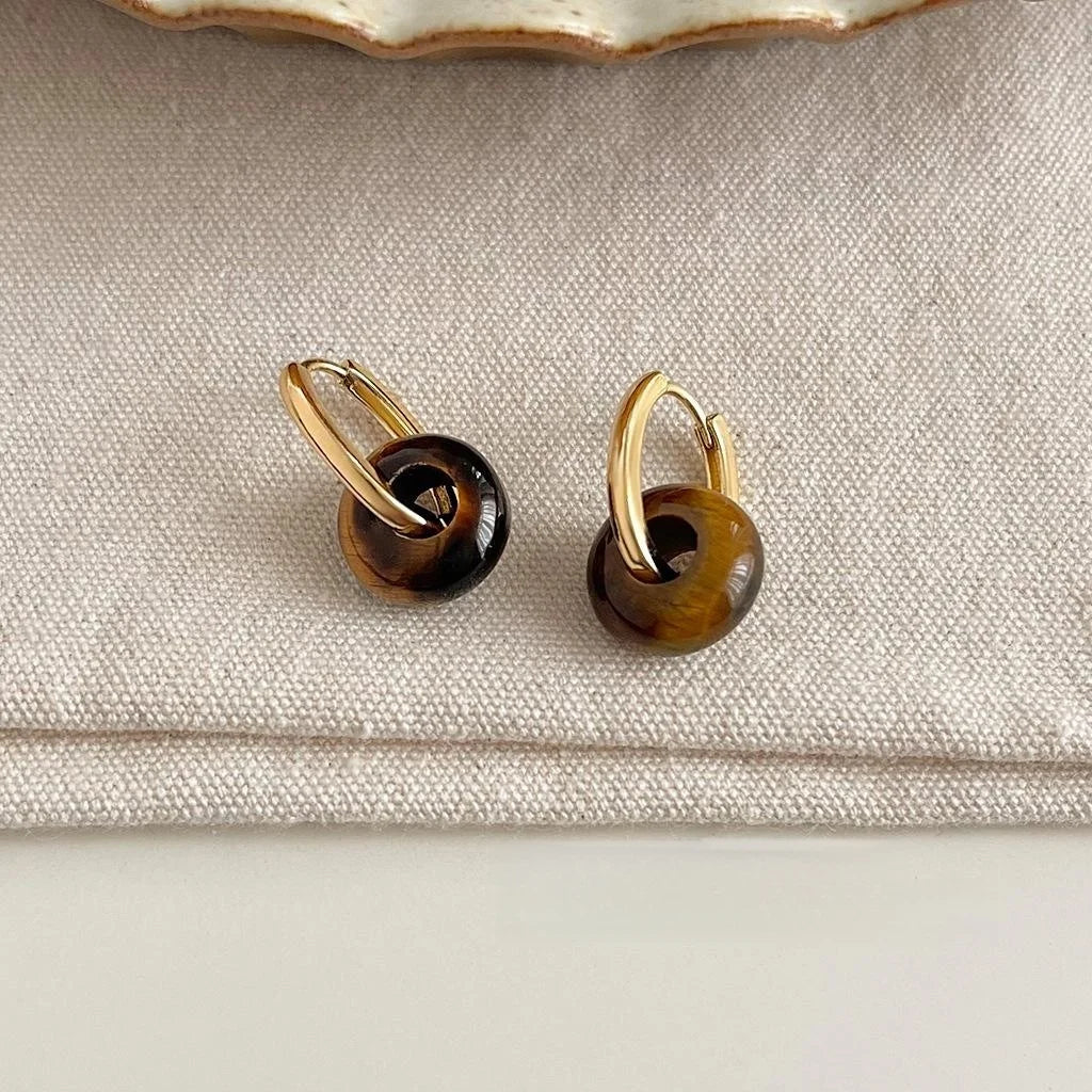 14K Gold Plated Copper Tiger Eye Stone Geometric Round Peace Buckle Drop Earrings For Women